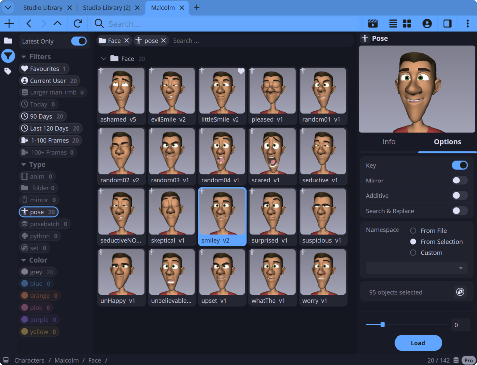 Studio Library interface for Autodesk Maya animation and pose assets